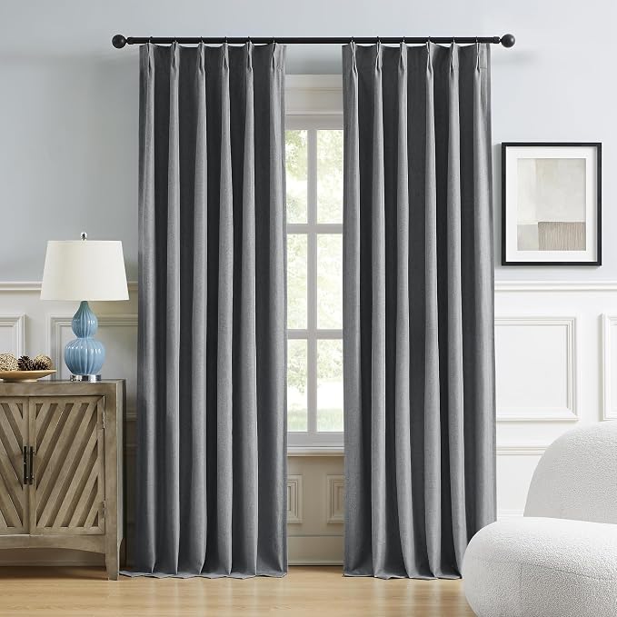 DUALIFE Dark Grey Pinch Pleated Blackout Curtain Panels 96 Inches Long, Back Tab with Hooks Room Darkening Curtains for Bedroom 40W x 96L, Gray, 2 Panels