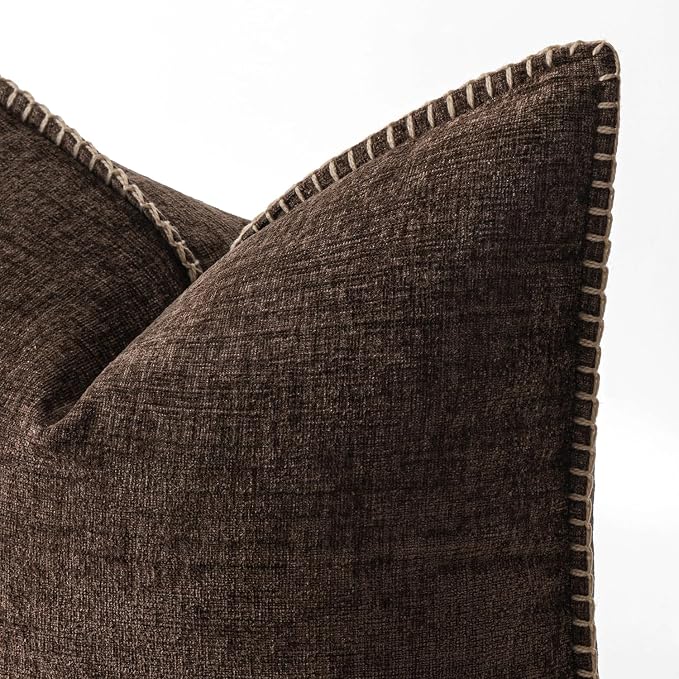 MIULEE Pack of 2 Lumbar Throw Pillow Covers 12x20 Inch Dark Brown Farmhouse Decorative Pillow Covers with Stitched Edge Soft Chenille Solid Dyed Pillow Covers for Couch Sofa Bed Living Room