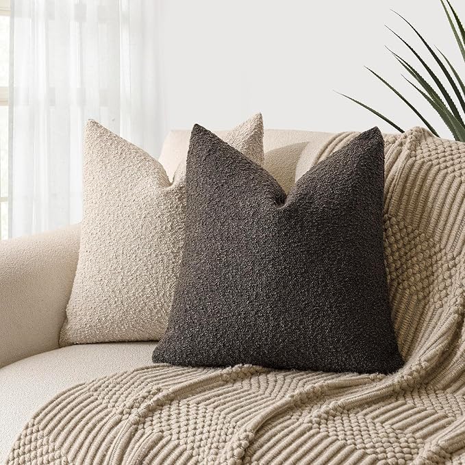 Foindtower Pack of 2 Textured Boucle Throw Pillow Covers Accent Solid Decorative Pillow Cases Cozy Woven Couch Cushion Case for Sofa Bedroom Living Room Home Decor, 20 x 20 Inch,Dark Brown