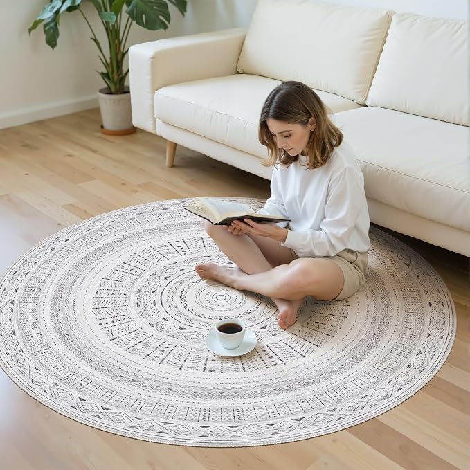 cotiled 5x5 Round Area Rugs Living Room Rug: Washable Boho Rugs with Non Slip Backing Large Soft Indoor Stain Resistant Carpet for Bedroom Farmhouse Dining Room Lightweight Home Decor Dark Grey