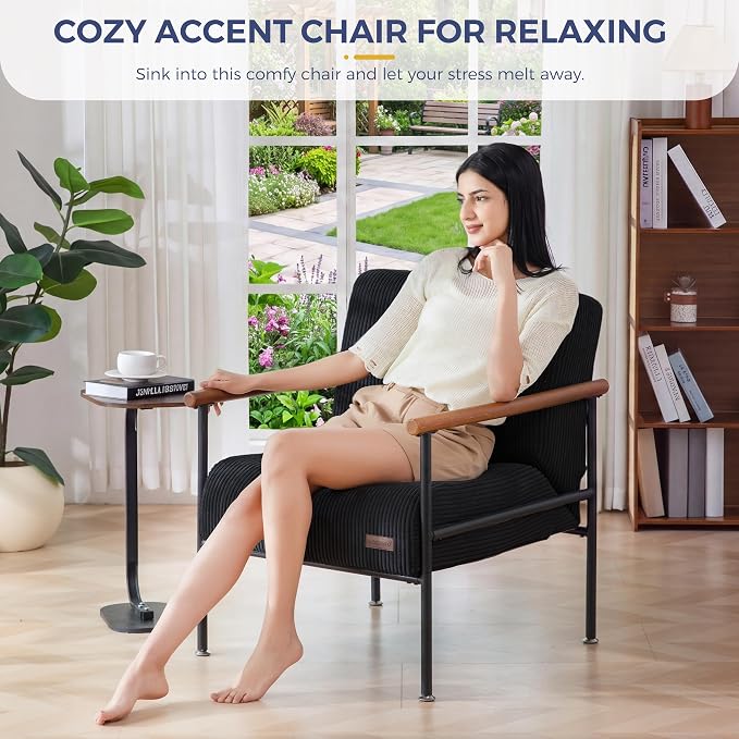 MAXYOYO Living Room Accent Chair, Modern Chair with Metal Frame | Upholstered Reading Chair Modern Living Room Chair with Support Cushion for Bedroom Balcony Porch, Black
