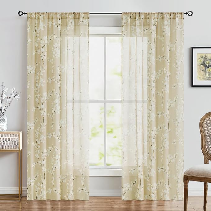 FMFUNCTEX Linen Sheer Curtains for Living Room, Cream Blossom Floral Print Curtains 84 Inches Long for Bedroom, Light Filtering Linen Blend Butter Yellow Floral Window Curtain 2 Panels Rod Pocket