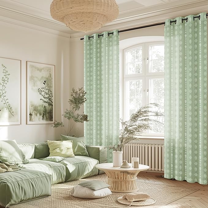 Sage Green Floral Linen Sheer Curtains 72 Inches Long, Boho Gingham Plaid Look Pattern Grommet Drapes for Living Room Bedroom 2 Panels Set