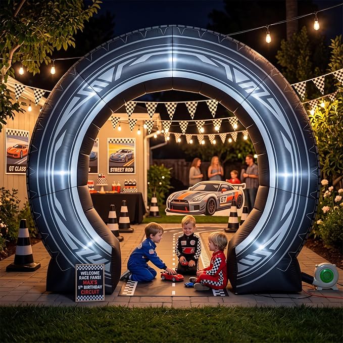 Seenelling 9 ft Racing Car Theme Giant Inflatable Archway Decoration Black Tire Design Arch Built-in LED Lights for Car Shows Party Events Photography Indoor Outdoor Supplies