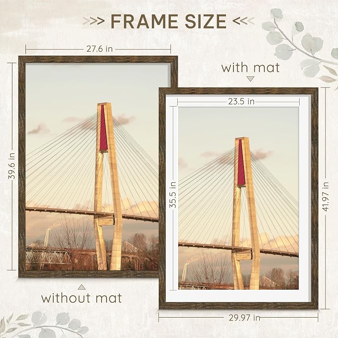 Picrit 28x40 Picture Frame 3 Pack, Wooden Brown Rustic Poster Frame, Display Poster 24 x 36 with Mat or 28 x 40 without Mat for Horizontal or Vertical Wall Mounting