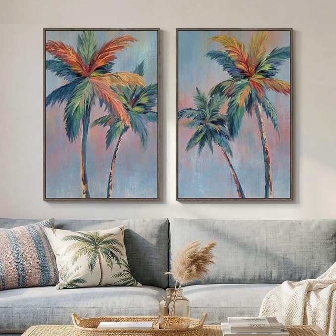 Framed Coastal Colorful Palm Tree Wall Art Bedroom, Set of 2 Tropical Beach Canvas Artwork for Walls, Pop Art Paintings Prints for Dining Room Living Room Hallway Wall Decor Above Bed, 16x24 Inch