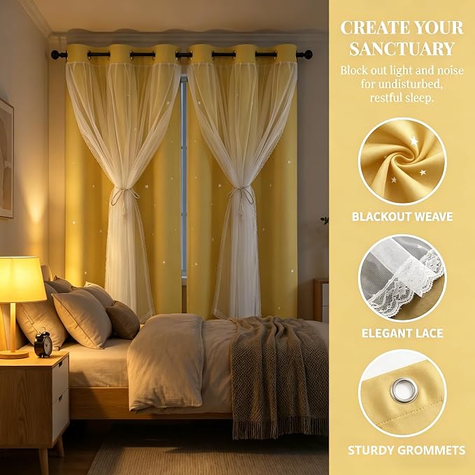 Kids Blackout Curtains for Bedroom/Living Room/Classroom, Sheer Overlay 2 Panel Set, Double Layer Curtains with Star Cutout for Kids Room(Each Piece W 70 x L 72 Inches 2 Pcs Yellow)