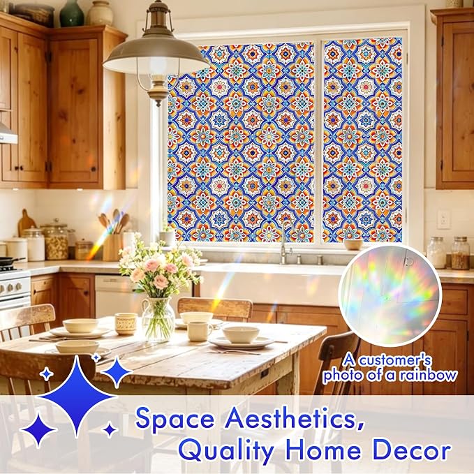 SOMWISE Rainbow Window Privacy Film,Heat Control,UV Blocking,Anti-Glare,Day & Night Privacy Protection & Decoration for Home, Bathroom,Glass Door,Static Cling,Renter-Friendly with Installation Tools