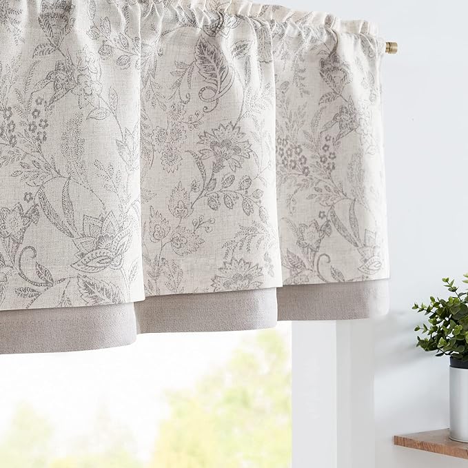 JINCHAN Linen Valance Curtain Farmhouse Grey Floral Printed Small Window Curtain for Kitchen Rustic Country Light Filtering Valance for Living Room Bedroom 16 Inch Rod Pocket 1 Panel Tan Gray on Beige