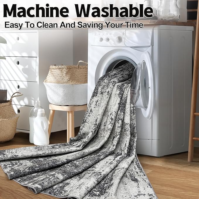 Area Rug Living Room Rugs: 5x7 Washable Rug with Anti-Slip Backing Non-Shedding Stain-Resistant Foldable Modern Abstract Carpet for Bedroom Dining Room Nursery Home Office - Black