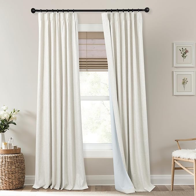 Naturall 100 Inch Pinch Pleated Linen Blackout Curtains, Thermal Insulated Drapes with Hooks for Bedroom Living Room, 2 Panel Set, 42" W x 100" L Inches