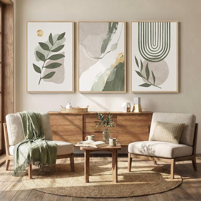 3 Piece Large Framed Abstract Boho Wall Art for Living Room, Minimalist Sage Green Plant Canvas Artwork for Walls, Modern Botanical Leaf Prints Paintings for Bedroom Hallway 24x36 Inch