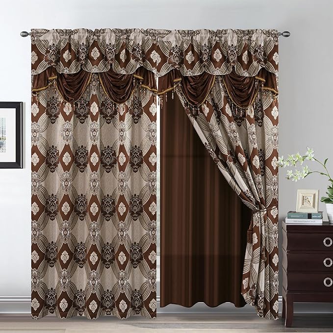 Petrichor Elegant Curtains with Gold Silver Threads 2 Panels Set - Luxury Window Treatment Attached Valance, Sheer Backing, and 2 Tie Backs for Bedroom and Living Room, 54x95 inches, Coffee