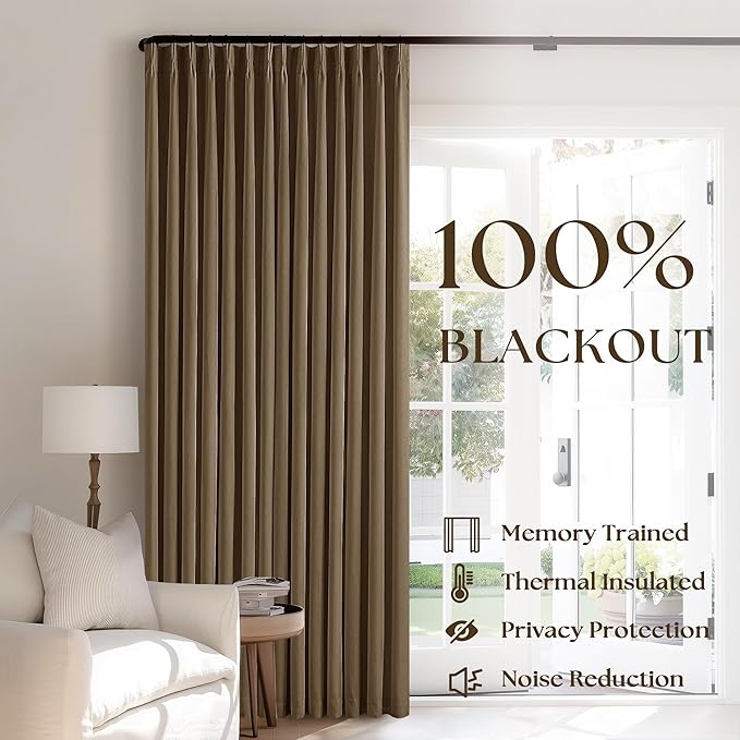 Dutch Cocoa Blackout Linen Curtains 108 Inches Long for Bedroom Pinch Pleated Black Out Curtains Lined 2 Layers Memory Shape Noise Reducing Rustic Farmhouse Living Room Darkening Window Drapes Brown