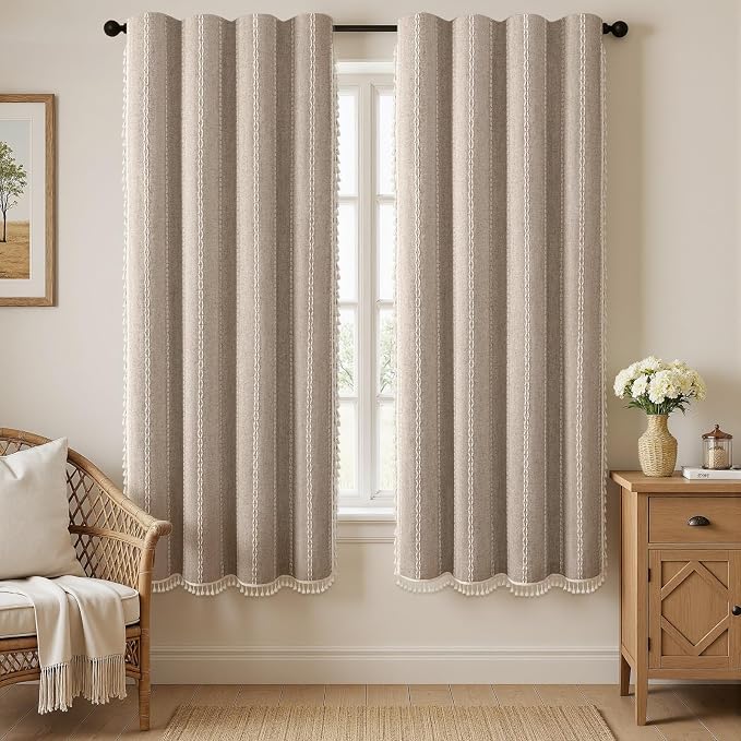 Khaki Brown Boho Blackout Curtains 72 Inches Long Linen Blend 2 Panels with Tassels and Cotton Embroidery, Farmhouse Vintage Rustic Rod Pocket Drapes for Living Room or Bedroom