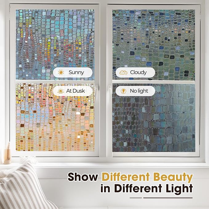 Windimiley Rainbow Window Privacy Film, 3D Stained Glass Christmas Decorative Window Clings, UV Heat Blocking Holographic Prism Stickers for Home (35.4 x 157.5In,Brown)
