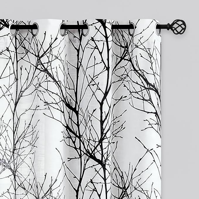 FMFUNCTEX Linen Semi Sheer Curtains for Bedroom, Black White Curtains 72 Inches Long for Living Room, Grey Tree Branch Patterned Curtain Light Filtering Farmhouse Window Drapes, Grommet Top 2 Panels