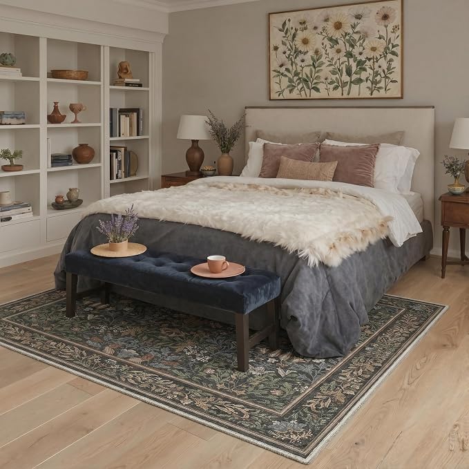 GENIMO 8x10 Washable Rug for Living Room, Non Slip, Charcoal Sage Green | Vintage Boho Floral Low Pile Thin Carpet for Bedroom, Dining Room, Nursery, Indoor Decor