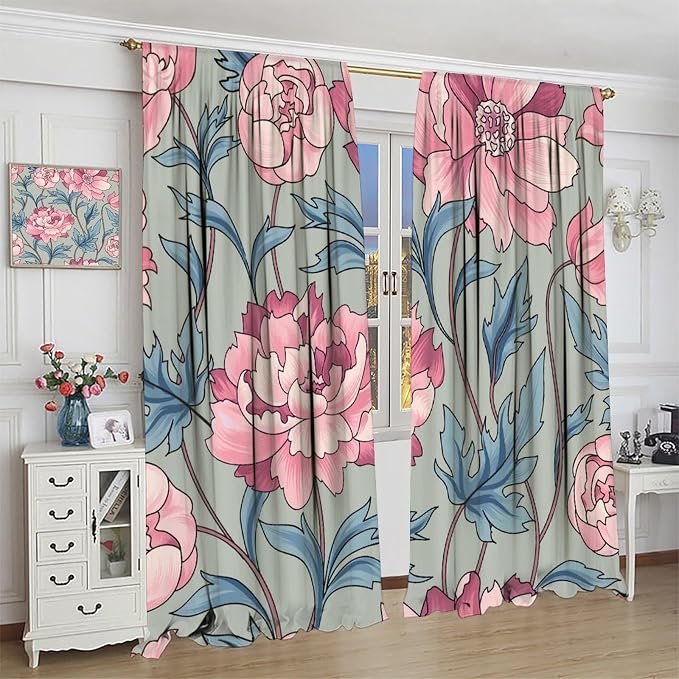 Floral Blackout Window Curtain, Flourish Ornamental Blossom Rose Style Print for Home Kitchen Livingroom Coffee Room Curtains Drapes 2 Panels 42x45 Inch