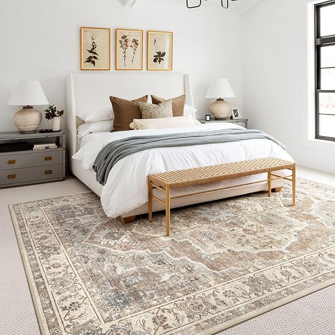 10x14 Washable Area Rug: Vintage Neutral Soft Non Slip Thin Large Floor Carpet for Living Room Bedroom Kitchen Dining Room Home Office Farmhouse Indoor - Beige Brown