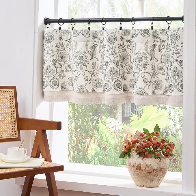 jinchan Linen Valance Kitchen Curtain for Windows Double Layer 16 Inch for Living Room Bedroom Window Treatment Light Filtering Vintage Rustic Farmhouse Cottagecore Rod Pocket 1 Panel Grey on Beige