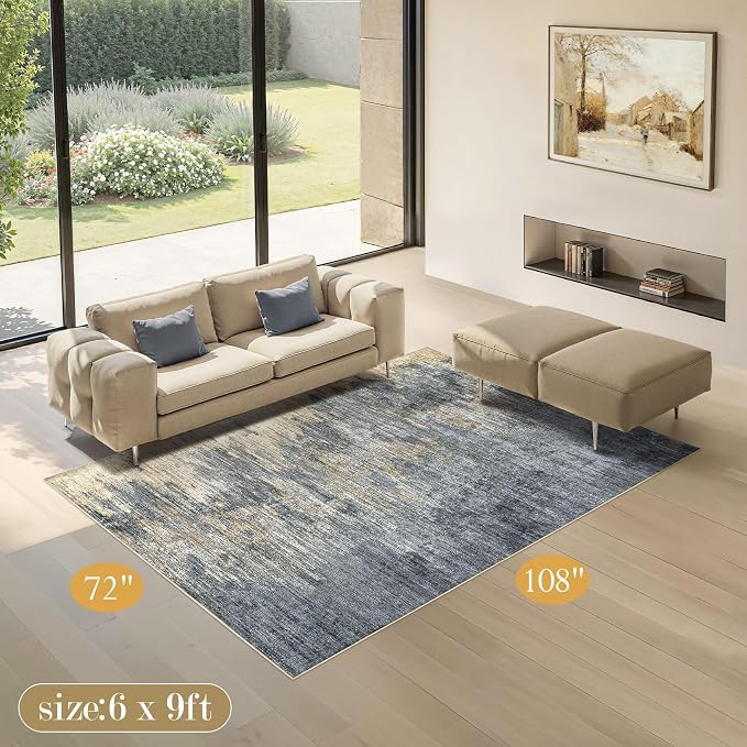 Area Rugs 6x9 Living Room: Washable Large Abstract Modern Neutral Soft Rug Stain Resistant Non-Slip Backing Carpet for Bedroom Dining Room Indoor Nursery Dorm Home Office Decor - Blue Gold