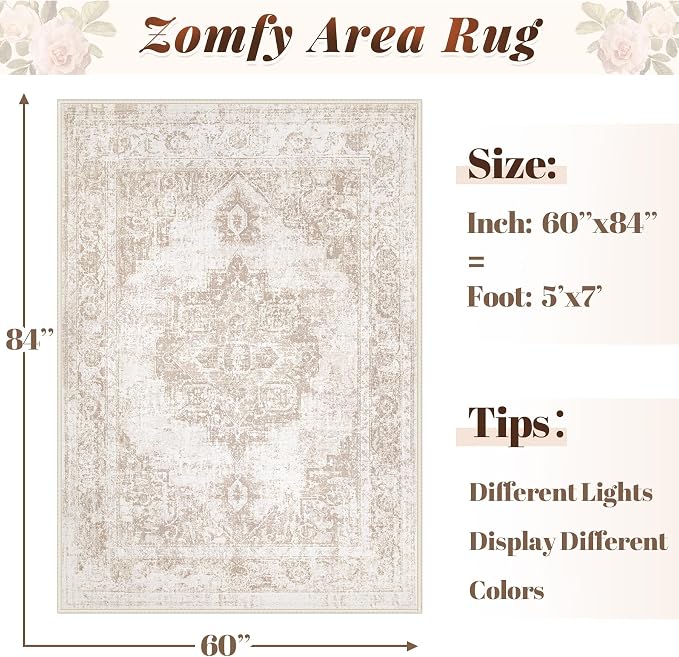 Area Rug 5x7 Vintage Rug: Washable Indoor Medallion Rugs Low Pile Distressed Floor Carpet Retro Accent Rug for Living Room Bedroom Kitchen Dining Table Home Office(Beige, 5'x7')