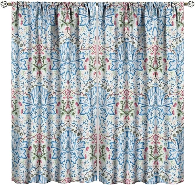 William Morris Floral Blackout Window Curtains, Watercolor Vintage Flower Art Style Printed Window Drapes, for Living Room Bedroom 36(W)*63(L) 2 Panels
