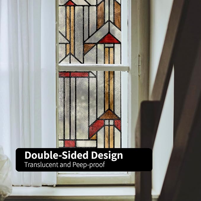 Faux Stained Glass Effect Window Privacy Film, Original Hand Drawn Static Cling Texture Sticker Inspired by Frank Lloyd Wright, 16.93" x84.65" Hollyhock House, Boho
