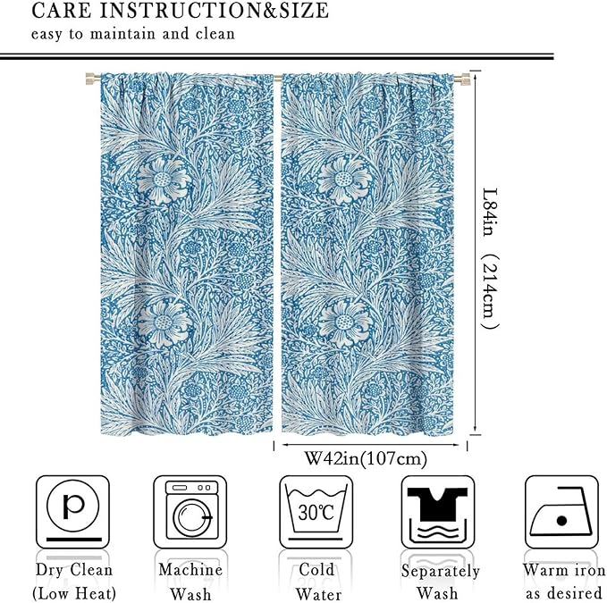 Bohe Vintage Floral Blackout Windows Curtains, William Morris Original Design Blue Flower Pattern Rod Pocket Curtains, for Living Room Bedroom 42(W)*84(L) 2 Panels