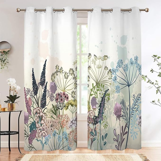 Renaiss Wildflowers Blackout Curtains Vintage Botanical Floral Plant Thermal Insulated Window Drapes for Bedroom 29W x 45L inches 2 Panel Set Window Curtain Panels for Kitchen