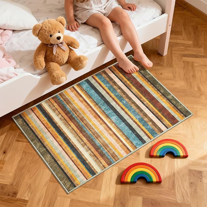 jinchan 2x3 Striped Rug for Entryway Washable Kitchen Rug Small Mat Non Slip Indoor Doormat Lightweight Low-Profile Decor Throw Carpet for Entrance Bathroom Laundry Room, Pine Dawn
