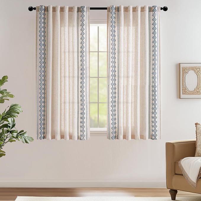 jinchan Boho Curtains Linen Blend Beige Farmhouse Curtains 63 Inches Long for Living Room Blue Square Embroidered Bordered Back Tab Bedroom Window Light Filtering Bohemian Drapes 2 Panels