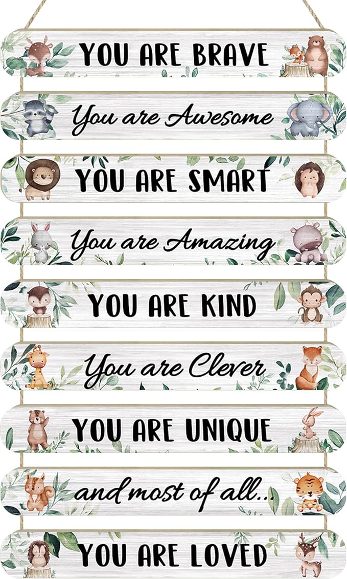MONALET Woodland Safari Baby Animal Inspirational Wall Decor for Kids Room Classroom Playroom Nursery, You Are Loved Hanging Wooden Signs Decorations, Forest Jungle Wall Art Wood Plaque 9Pcs 12x19