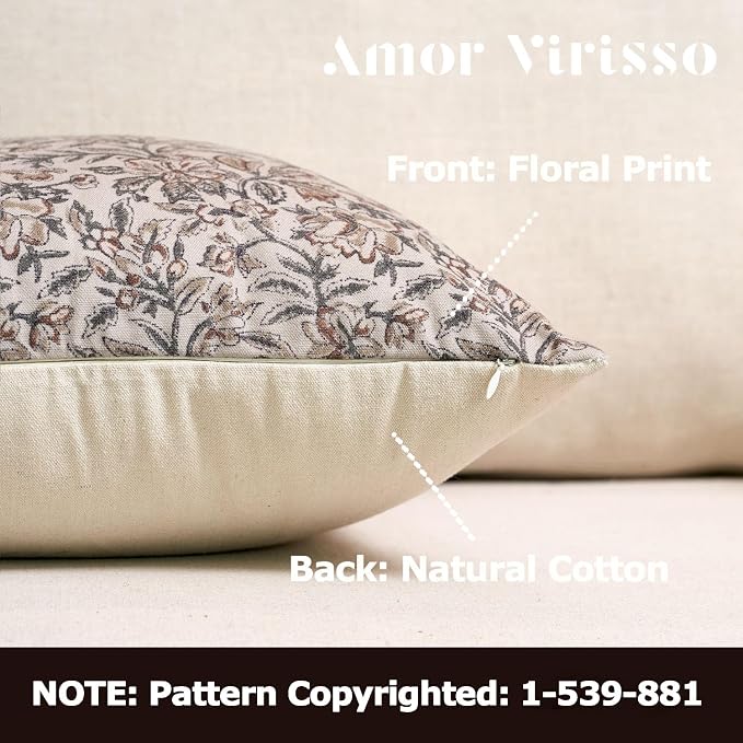 Amor Virisso Floral Throw Pillow Covers 20x20 Set of 2 Vintage Block Print Pillow Covers Decorative Pillow Covers Couch Pillows for Living Room Farmhouse Accent Sofa Pillows, Green/Sand