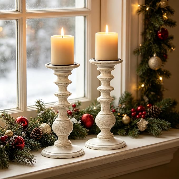 Hosley Set of 2 White Wooden Pillar Candle Holder 11 Inch High Country Style Ideal for Weddings or Parties as Well as Home Decor