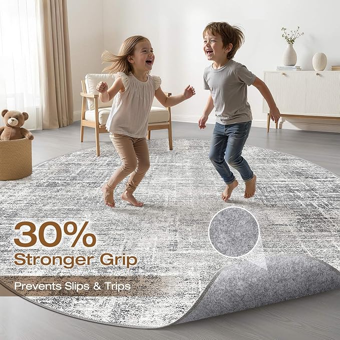 8ft Round Rug Living Room: 8x8 Washable Large Neutral Grey Circle Area Rug Abstract Soft Modern Stain Resistant Indoor Floor Non-Slip Carpet for Bedroom Nursery Kids Office Playroom Dining Room