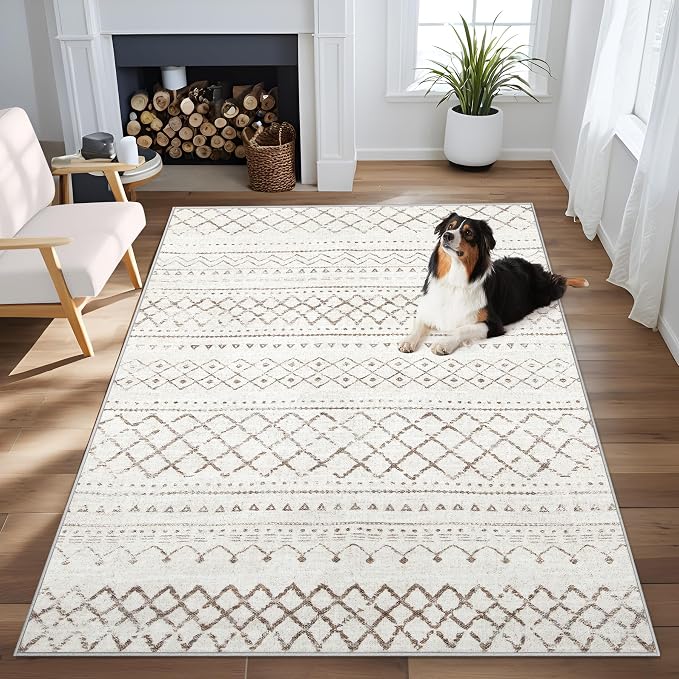 Area Rug 3x5 Geometric Rug: Washable Boho Moroccan Rugs Soft Farmhouse Rug, Modern Neutral Stain Resistant Indoor Floor Carpet for Livingroom Bedroom Dining Table Nursery(Brown,3X5)