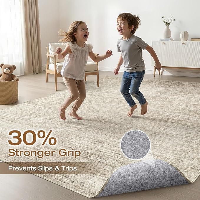 7x9 Area Rug Living Room: Washable Large Neutral Beige Rugs Abstract Soft Modern Stain Resistant Indoor Floor Non-Slip Carpet for Bedroom Nursery Kids Office Playroom Dining Room Under Table Home