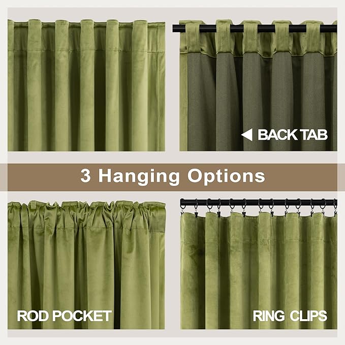 Avocado Lime Moss Green Curtains 108 Inches Long for Living Room Patio Door 2 Panels Luxury Velvet Room Darkening Floor Ceiling Drapes Thermal Insulated Curtain for Bedroom Earthy Room Decor Aesthetic