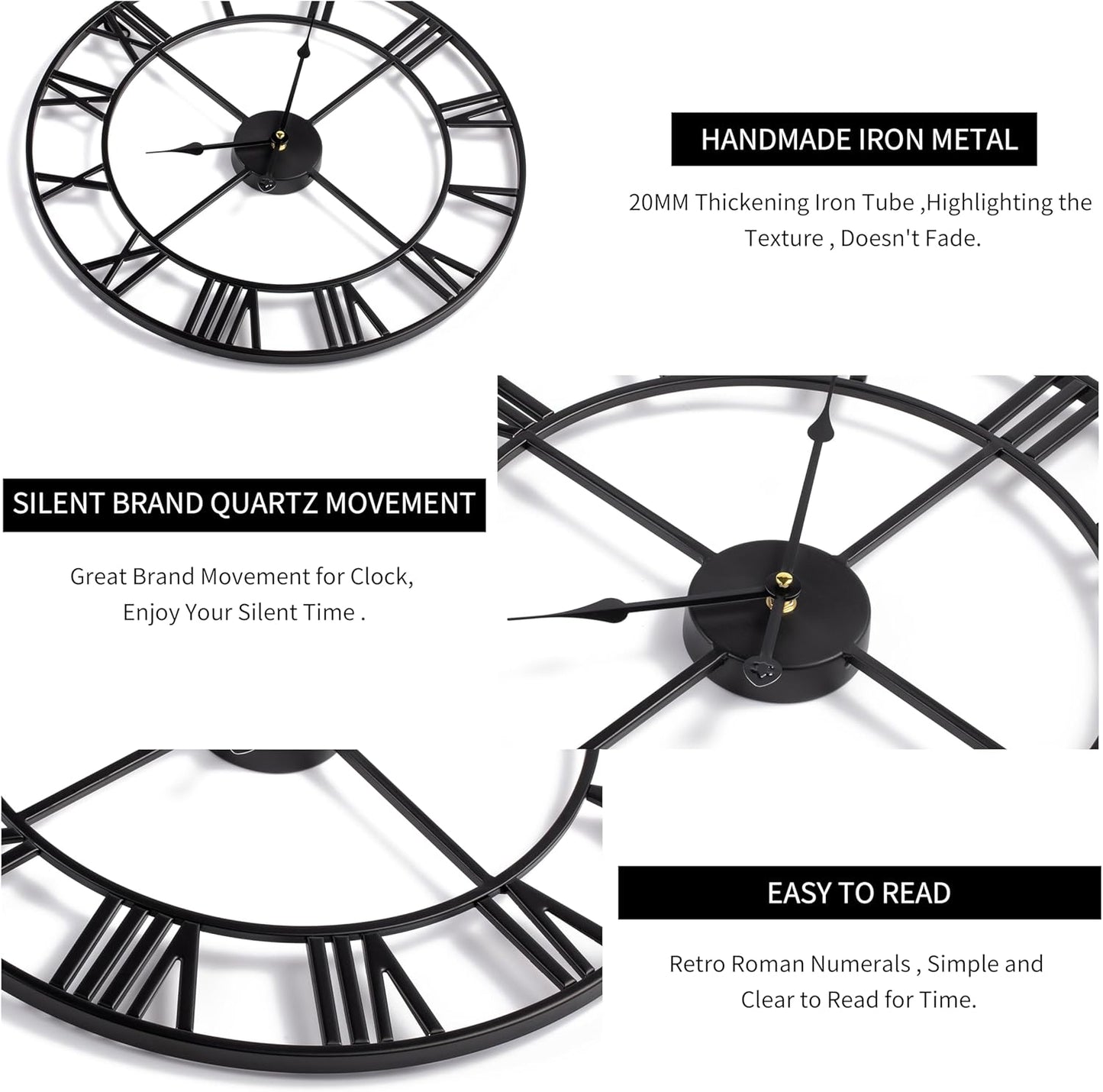 LEIKE Large Wall Clock, 24" Completely Silent, Non Ticking, Battery-Operated,Rustic Round Modern Metal Wall Clock Decor for Living Room, Bedroom and Kitchen, (60cm, Black-Roman Number)