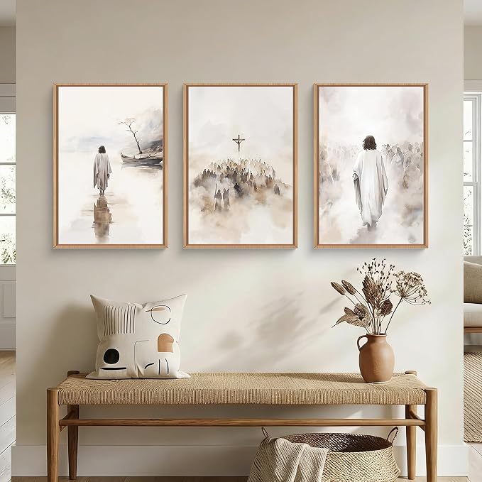 ARYROI Jesus Christ Walking On Water Framed Canvas Wall Art Set,Religious Christian Biblical Scenes Landscape Wall Decor,Watercolor Neutral Faith Scripture Cross Artwork for Living Room,Prayer Room,Church-16"x24"x3