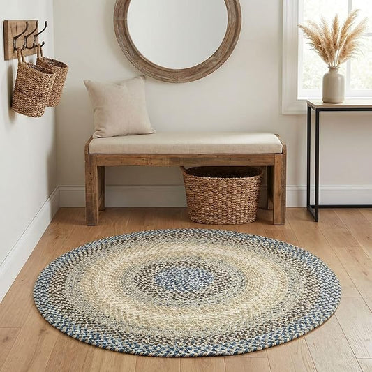Super Area Rugs Braided Rugs Round 4ft Farmhouse Kitchen Rug - Ridgewood Braided Rug for Dining Room Table - Reversible - Indoor/Outdoor - Made in USA - Blue/Beige, 4' Round