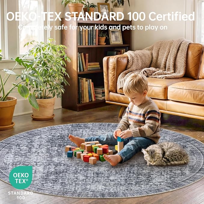 Sasttie Round Rugs 6ft, Ultra-Soft Washable Circle Rug, Low Pile Foldable Thin rugs with Non-Slip Backing, Skin-Friendly Stain Resistant Carpet for Living Room, Bedroom, Kitchen, Dorm, 6ft, Black Grey