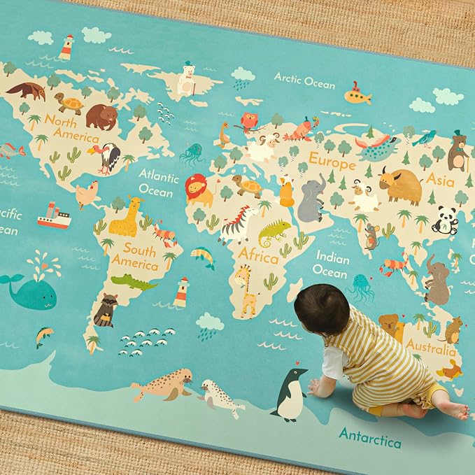 Hazo Haus Washable Large Kids Playroom Rug with Animal – 5x8 Educational World Map Area Rug for Kids Room – Non-Slip, Stain Resistant, Soft & Safe, Nursery, Classroom or Bedroom - Blue Ocean