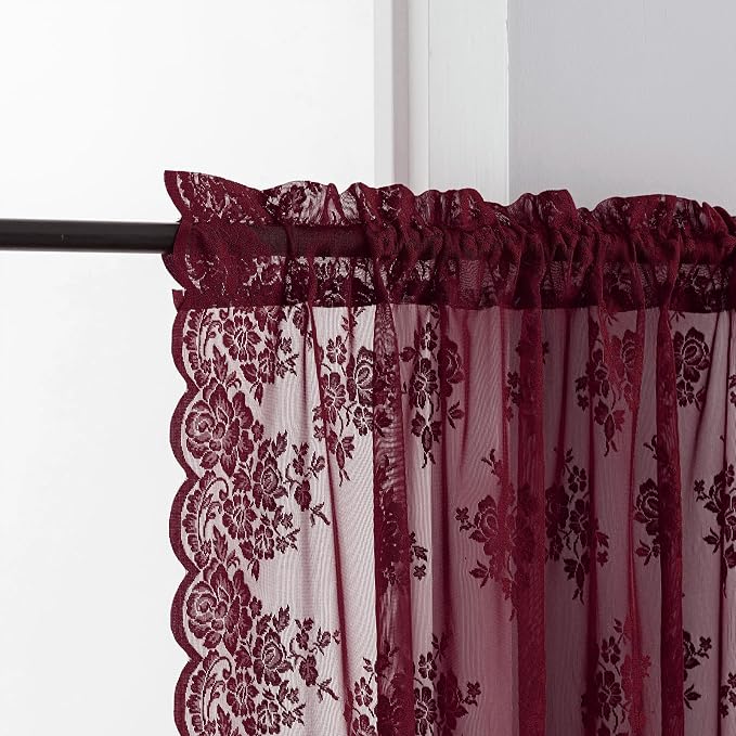 Kotile Burgundy Curtains 45 Inch Length for Kitchen Windows Over Sink 2 Panels Short Lace Curtains Cottage-Core Floral Rod Pocket Light Filtering Privacy Maroon Sheer Window Curtain, W52 x L45 Inch