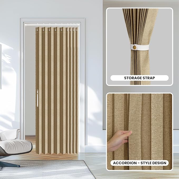 AJAZZ Set: Curtain Rods No Drilling (38-53" W Adjustable Range) & Accordion Door Curtain, Brown 53W×78" L, Accordion Doors for Closet Doorway Room Divider