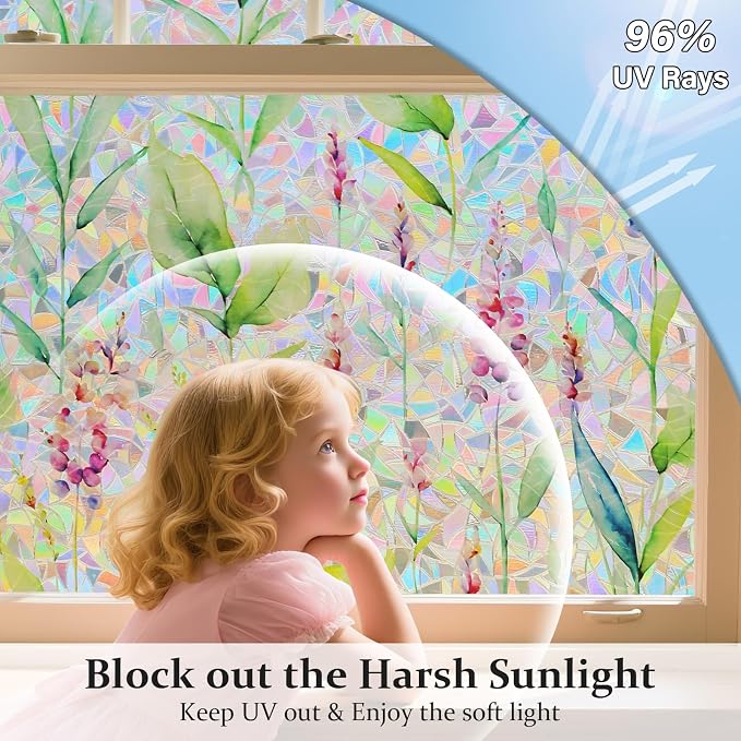 Donox Decorative Window Privacy Film, 3D Floral Stained Glass Window Film Static Cling Rainbow Privacy Sticker for Glass Door Heat Control Anti UV, No Adhesive (Gladiolus,23.6 x 78.7 inches)