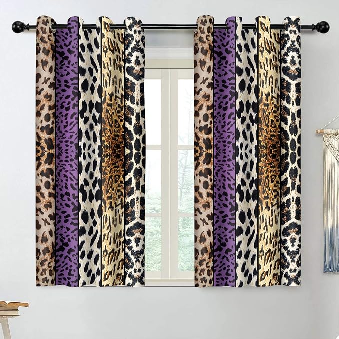 Wild Animal Print Curtain, Room Darkening Thermal Insulated Blackout Leopard Boa Window Drapes with Grommets for Living, Dining, Bedroom, Purple Leopard Print, 52"x 63", 2 Panels