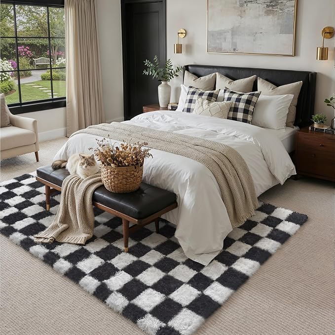 PureCozy Checkered Rug 9x12 for Living Room, Black and White Modern Shag Rugs Super Soft Washable Indoor Office Fuzzy Carpet Non-Slip Fluffy Rugs for Bedroom Home Aesthetic Decor